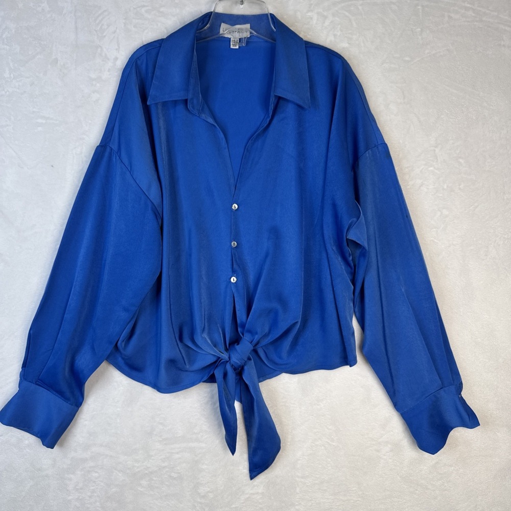 Lucy Paris Rue Electric Blue Satin Tie Front Blouse S Silky Button Down